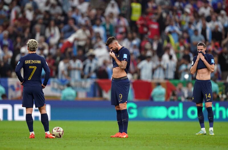 France's Antoine Griezmann, Olivier Giroud and Adrien Rabiot after Argentina made it 2-0. PA