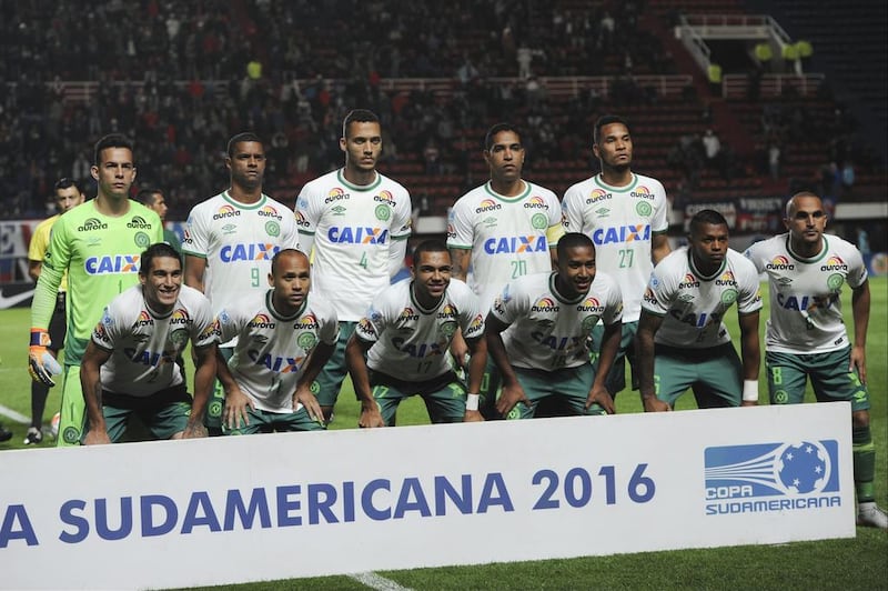 Players of Brazil’s Chapecoense team pose before a Copa Sudamericana soccer match against Argentina’s San Lorenzo in Buenos Aires, Argentina. A plane carrying the Brazilian first division soccer club Chapecoense was on its way for a Copa Sudamericana final match against Colombia’s Atletico Nacional when it crashed in a mountainous area outside Medellin. Gustavo Garello / AP