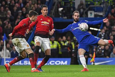 epa07379623 Chelsea's Gonzalo Higuain (R) attempts a shot on goal during the English FA Cup 5th round soccer match between Chelsea FC and Manchester United in London, Britain, 18 February 2019.  EPA/ANDY RAIN EDITORIAL USE ONLY. No use with unauthorized audio, video, data, fixture lists, club/league logos or 'live' services. Online in-match use limited to 120 images, no video emulation. No use in betting, games or single club/league/player publications.
