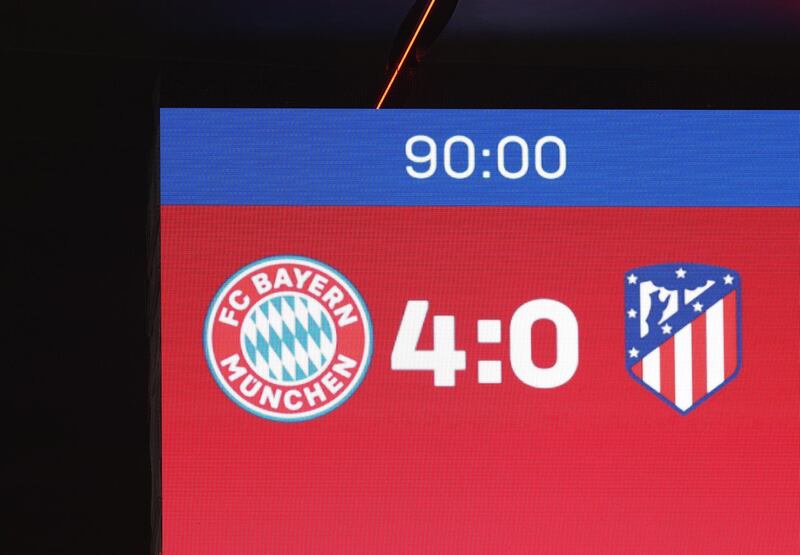 epa08763370 A view of the score board at full-time during the UEFA Champions League Group A stage match between FC Bayern Munich and Atletico Madrid at Allianz Arena in Munich, Germany, 21 October 2020.  EPA/Alexander Hassenstein / POOL