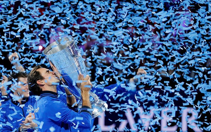 Team Europe's Roger Federer kisses the trophy after they win the Laver Cup in Geneva, Switzerland. Reuters