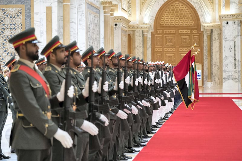 ABU DHABI, UNITED ARAB EMIRATES - July 24, 2018: The UAE honor guard stand to attention during a reception for HE Dr Abiy Ahmed, Prime Minister of Ethiopia (not shown) and HE Isaias Afwerki, President of Eritrea (not shown), at the Presidential Palace. 

( Mohamed Al Hammadi / Crown Prince Court - Abu Dhabi )
---