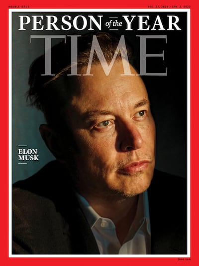 Elon Musk, founder and CEO of rocket company SpaceX and Tesla Chief Executive Officer, poses on the cover image of Time magazine's 2021 "Person of the Year" edition released. Mark Mahaney for Time/Handout via Reuters