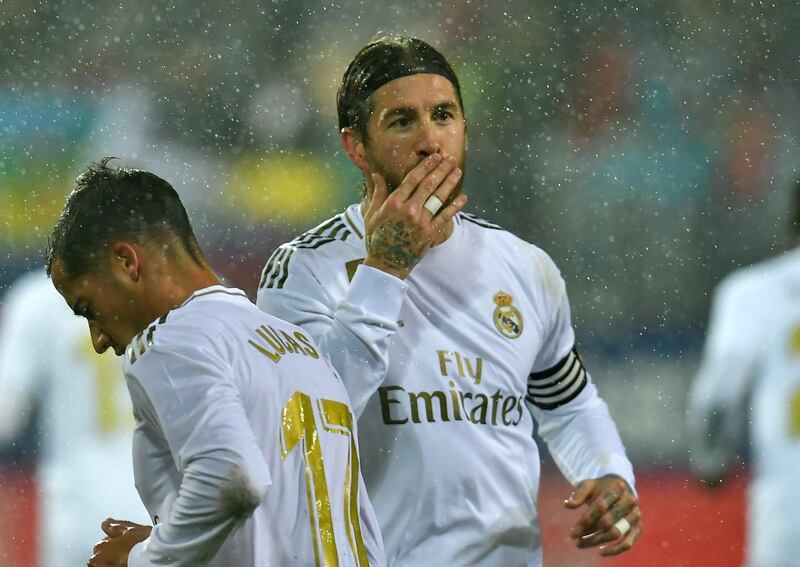 Sergio Ramos celebrates after scoring Real Madrid's second goal against Eibar. AP Photo