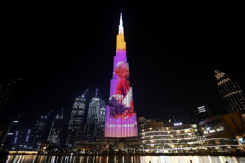 DUBAI, UAE - 2 FEBRUARY 2020: A tribute to NBA star Kobe Bryant is seen on the Burj Khalifa on February 2, 2020 in Dubai, UAE. Last month, the world tragically lost an icon. Kobe Bryant, his daughter Gianna, and seven others were on their way to the Mamba Sports Academy when the helicopter transporting them crashed. To pay tribute, Ahmed Bin Sulayem, has arranged for an image of Kobe Bryant and his daughter, Gianna, to appear on the tallest building in the world, Burj Khalifa. The prominent Emirati businessman hosted the NBA legend in Dubai in September 2013 during his first visit to the United Arab Emirates (UAE). Commenting on the incident, Bin Sulayem said "My deepest condolences to Vanessa Bryant, and the family of Kobe Bryant. Number 24 will forever be with us. Here is to my greatest of all time." (Photo by Francois Nel/Getty Images for Ahmed Bin Sulayem)