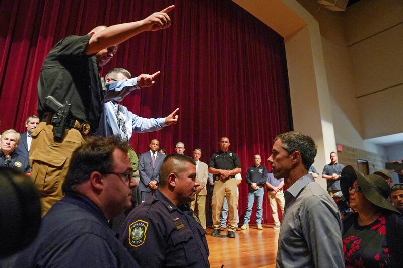 Texas Democratic candidate for governor Beto O'Rourke disrupts a press conference on May 25, the day after a gunman killed 19 children and two teachers at Robb Elementary School. Reuters
