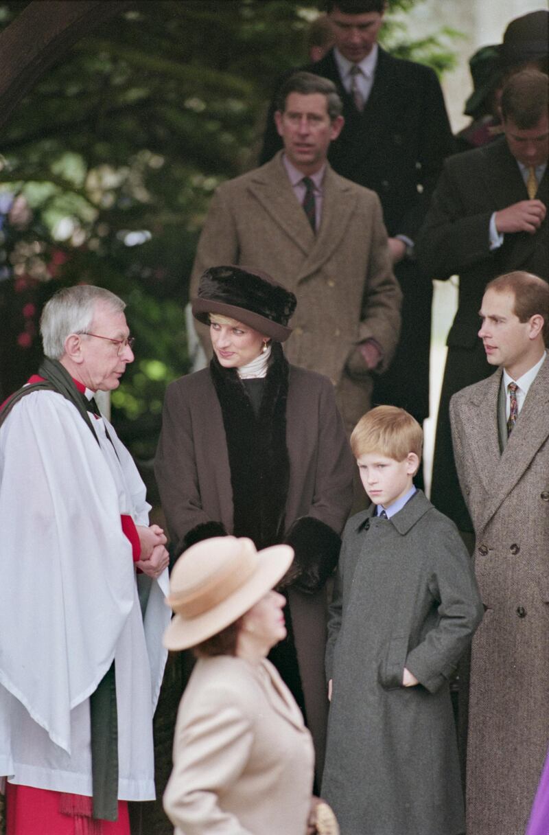 British Royals Diana, Princess of Wales (1961-1997), wearing a brown coat with black trim and a matching winter hat, Prince Charles, Prince Harry, and Prince Edward attend the Christmas Day service at St Mary Magdalene Church on the Sandringham Estate in Sandringham, Norfolk, England, 25th December 1994. (Photo by Princess Diana Archive/Hulton Archive/Getty Images)