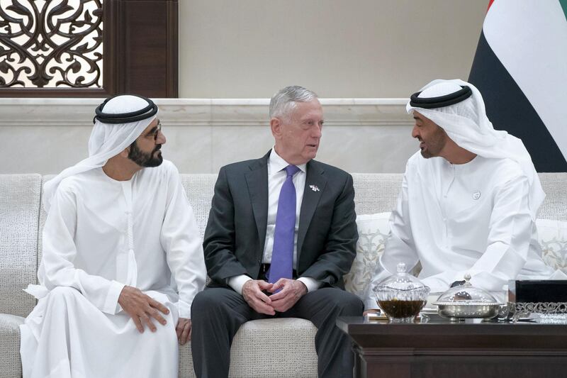 ABU DHABI, UNITED ARAB EMIRATES - May 21, 2019: (R-L) HH Sheikh Mohamed bin Zayed Al Nahyan, Crown Prince of Abu Dhabi and Deputy Supreme Commander of the UAE Armed Forces, James Mattis, Former US Secretary of Defense and HH Sheikh Mohamed bin Rashid Al Maktoum, Vice-President, Prime Minister of the UAE, Ruler of Dubai and Minister of Defence, attend an iftar reception, at Al Bateen Palace.

( Rashed Al Mansoori / Ministry of Presidential Affairs )
---