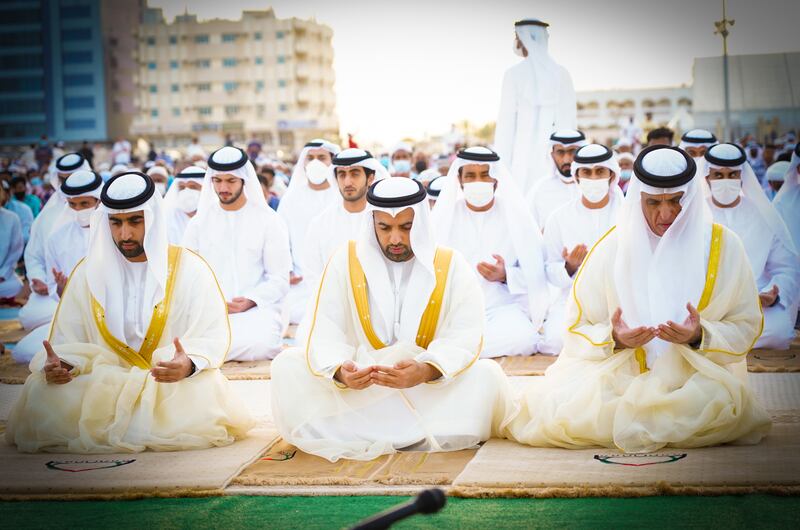 Sheikh Saud bin Saqr Al Qasimi, Ruler of Ras Al Khaimah, and Sheikh Mohammed bin Saud Al Qasimi, Crown Prince of Ras Al Khaimah, attend prayers at the Eid Grand Musalla in Khuzam. Wam