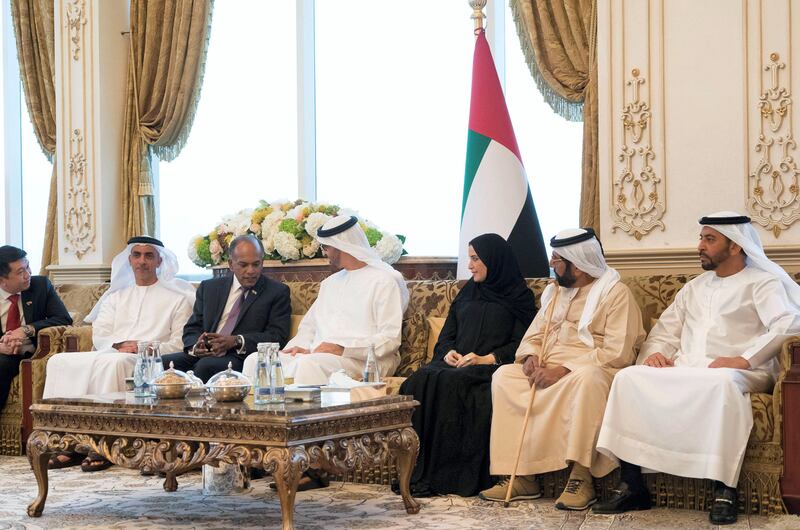 ABU DHABI, UNITED ARAB EMIRATES -November 06, 2017: HH Sheikh Mohamed bin Zayed Al Nahyan Crown Prince of Abu Dhabi Deputy Supreme Commander of the UAE Armed Forces (4th R), receives HE Shanmugam, Minister for Home Affairs and for Law of Singapore (5th R), during a Sea Palace barza. Seen with HH Sheikh Hamdan bin Zayed Al Nahyan, Rulerâ€™s Representative in the Western Region of Abu Dhabi (R), HH Sheikh Tahnoon bin Mohamed Al Nahyan, Ruler's Representative of the Eastern Region of Abu Dhabi (2nd R), HE Dr Amal Abdullah Al Qubaisi, Speaker of the Federal National Council (FNC) (3rd R) and HH Lt General Sheikh Saif bin Zayed Al Nahyan, UAE Deputy Prime Minister and Minister of Interior (6th R).

( Rashed Al Mansoori / Crown Prince Court - Abu Dhabi )
---