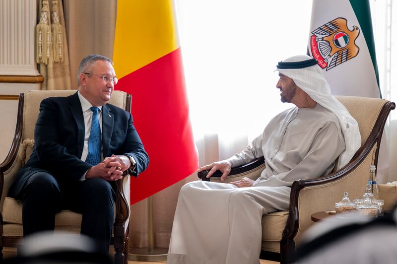 The President, Sheikh Mohamed, meets Mr Ciuca in Abu Dhabi.
