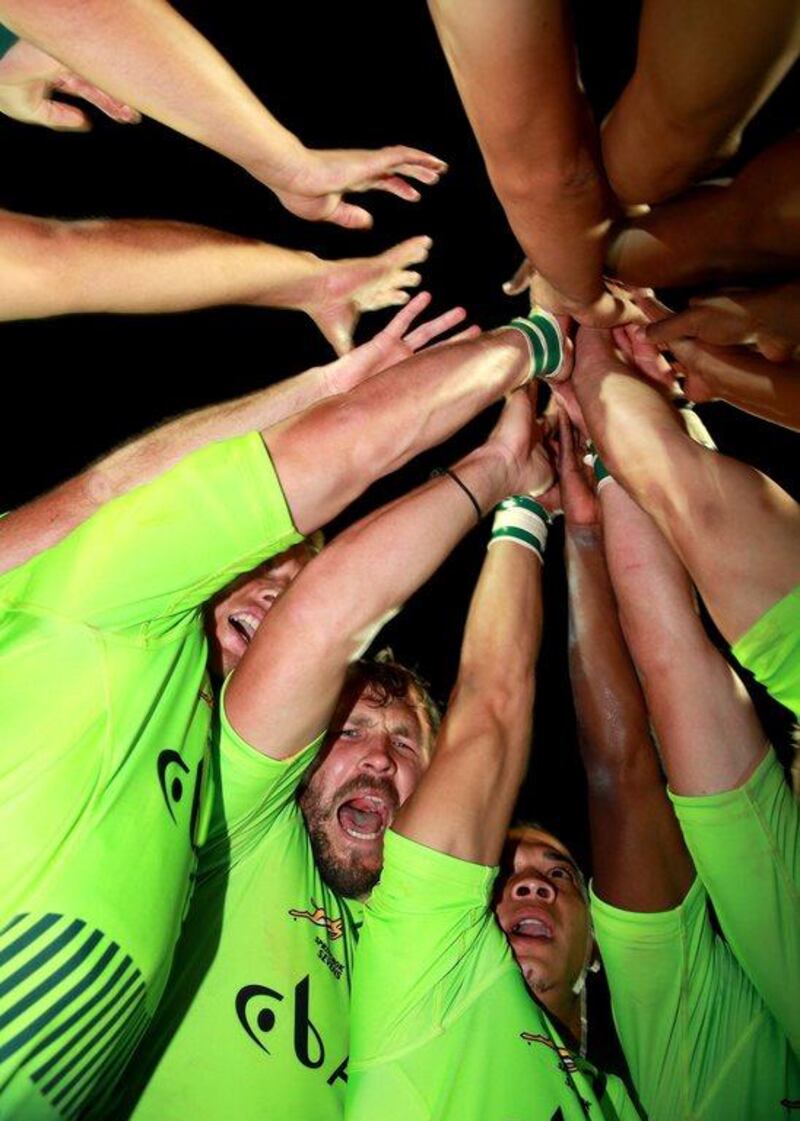 Frankie Horne of South Africa leads celebrations after the team's win in the Trophy Final at Dubai Sevens on Saturday. Warren Little / Getty Images