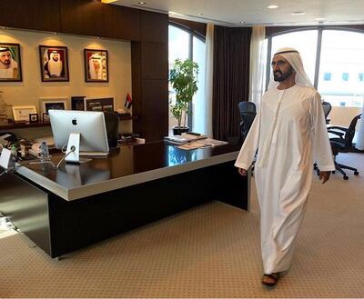 Sheikh Mohammed bin Rashid, Vice President and Ruler of Dubai, made a surprise visit to government departments in 2016 to assess productivity. Courtesy Dubai Media Office