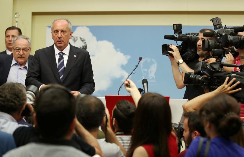 Muharrem Ince, presidential candidate of main opposition Republican People's Party (CHP), holds a press conference  in Ankara to assess election results. Umit Bektas / Reuters