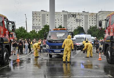 An anti-radiation drill in case of an emergency at Ukraine's Zaporizhzhia nuclear power plant, on June 29. Reuters