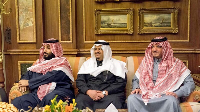 RIYADH, SAUDI ARABIA- December 13, 2017: HRH Prince Mohamed bin Salman bin Abdulaziz, Crown Prince, Deputy Prime Minister and Minister of Defence of Saudi Arabia (L) and HRH Prince Abdul Aziz bin Saud bin Naif, Minister of Interior of Saudi Arabia (R) attend a meeting with HM King Salman Bin Abdulaziz Al Saud, of Saudi Arabia and Custodian of the Two Holy Mosques (not shown), at Arqa Palace.


( Rashed Al Mansoori / Crown Prince Court - Abu Dhabi )
---