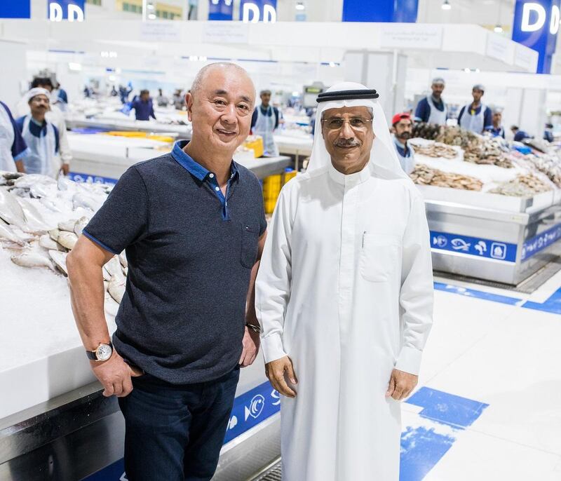 Chef Nobu and Issam Galadari, CEO of Ithra Dubai, at the fish market. Courtesy Ithra Dubai