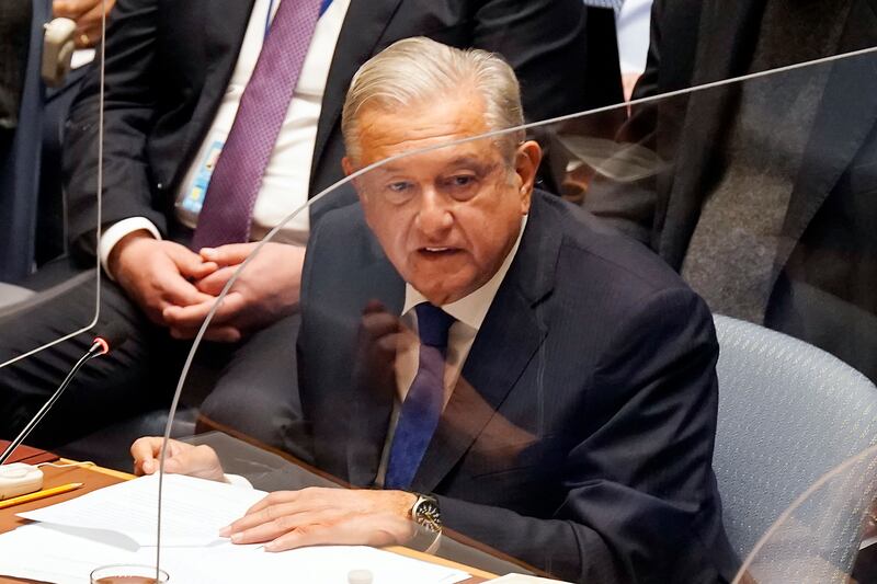 Mexico's President Andres Manuel Lopez Obrador addresses the UN Security Council. AP