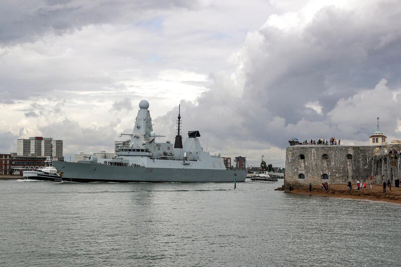 epa07772787 A handout picture provided by the British Ministry of Defence showing British Royal Navy HMS Defender, a Type 45 Destroyer, seen here leaving HMNB Portsmouth, southern Britain, 12 Augsut 2019, issued 14 August 2019. Portsmouth-based warships HMS Kent and HMS Defender left their homeport to embark on operations to the Gulf and Asia Pacific respectively on 12 August 2019. Type 23 frigate HMS Kent will relieve HMS Duncan of her duties in the Gulf and is scheduled to work alongside US partners as part of the newly-formed International Maritime Security Construct. She will be focused on providing regional maritime security, including counter-terrorism and anti-smuggling activities. She will also work alongside HMS Montrose to escort British-flagged vessels through the Strait of Hormuz. Commander Andy Brown, Commanding Officer of HMS Kent, said: 'Todayâ€™s departure on operations has been achieved through the hard work and support of the shipâ€™s company, their families and the wider defence enterprise.  EPA/LPhot BARRY SWAINSBURY / BRITISH MINISTRY OF DEFENCE / HANDOUT MANDATORY CREDIT: MOD/CROWN COPYRIGHT HANDOUT EDITORIAL USE ONLY/NO SALES