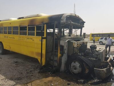 The fire destroyed the front quarter of the bus. Courtesy RAK Civil Defence