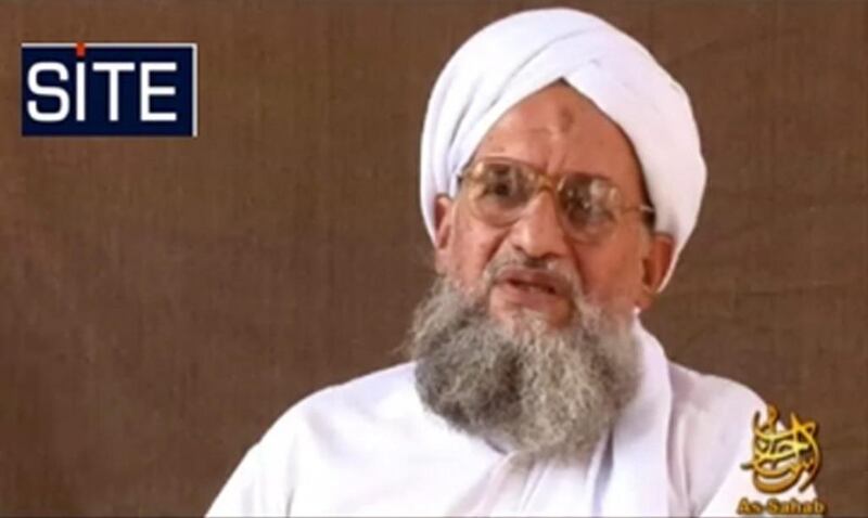 A still from a video message issued by Ayman Al Zawahiri in November 2008, when he was  second-in-command of Al Qaeda. Site Intelligence Group / AFP