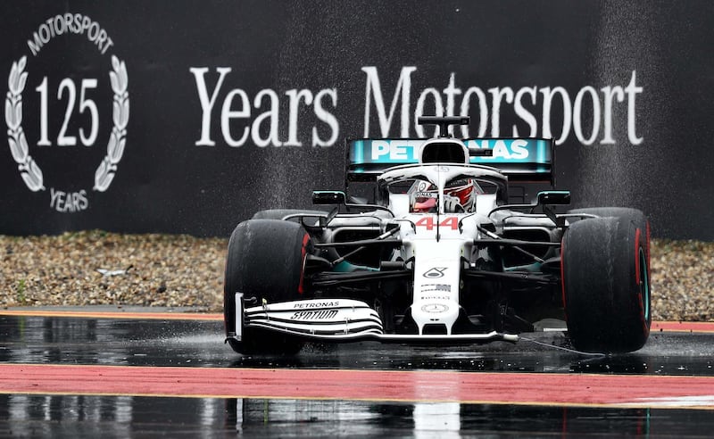 HOCKENHEIM, GERMANY - JULY 28: Lewis Hamilton of Great Britain driving the (44) Mercedes AMG Petronas F1 Team Mercedes W10 with a broken front wing after crashing during the F1 Grand Prix of Germany at Hockenheimring on July 28, 2019 in Hockenheim, Germany. (Photo by Mark Thompson/Getty Images)