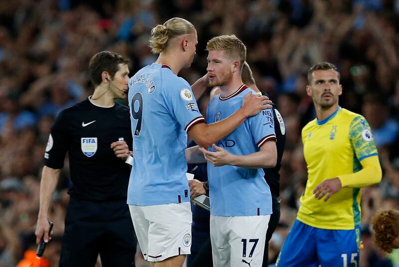 Kevin De Bruyne comes on to replace hat-trick hero Erling Haaland in the second half. Reuters