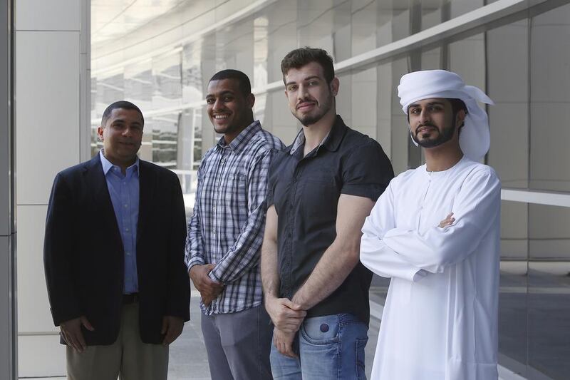 From left, Dr Ahmed Abdel-Maksoud with his research team Ahmad Al Kassem, Yousif Ahmad and Bader Al Kaabi at UAE University in Al Ain. Their findings surprised the team.  Ravindranath K / The National 