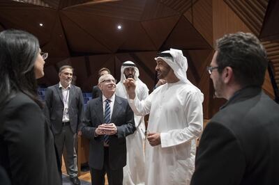 Sheikh Mohammed bin Zayed speaks with Al Bloom, vice-chancellor of NYUAD during a visit to the university in 2017. Ryan Carter / Crown Prince Court - Abu Dhabi