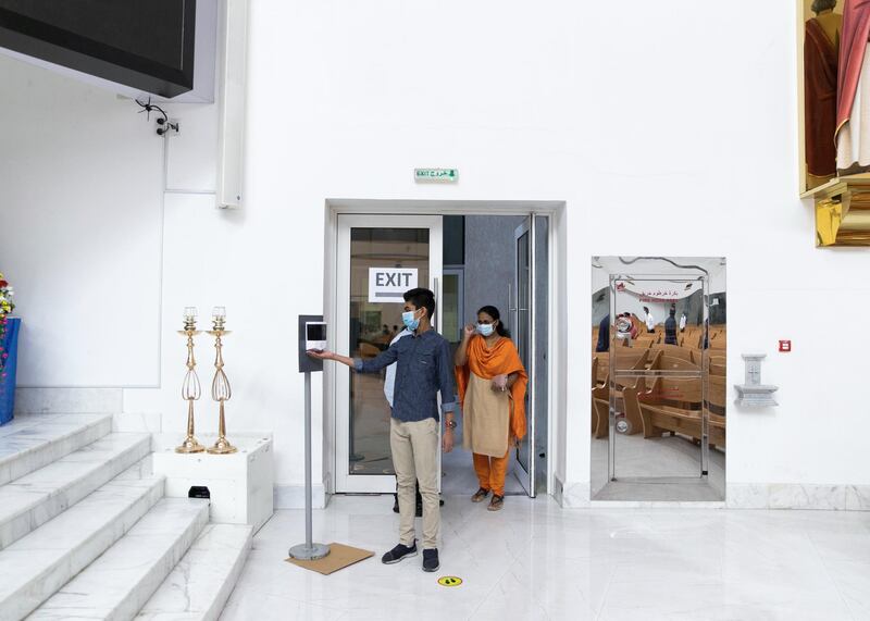 ABU DHABI, UNITED ARAB EMIRATES. 9 SEPTEMBER 2020.
Worshippers sanitize their hands in St Paul’s church in Mussafah.
(Photo: Reem Mohammed/The National)

Reporter:
Section: