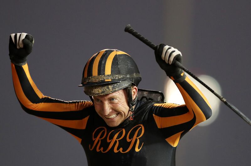 Tadhg O'Shea celebrates winning the Dubai Golden Shaheen on Switzerland. Chris Whiteoak / The National