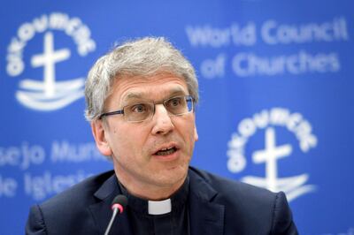 General secretary of the World Council of Churches (WCC), Olav Fykse Tveit, attends a press conference on May 15, 2018 at the WCC heaquarters in Geneva. - Pope Francis will visit the World Council of Churches for an ecumenical pilgrimage on June 21, 2018 in Geneva. (Photo by Fabrice COFFRINI / AFP)