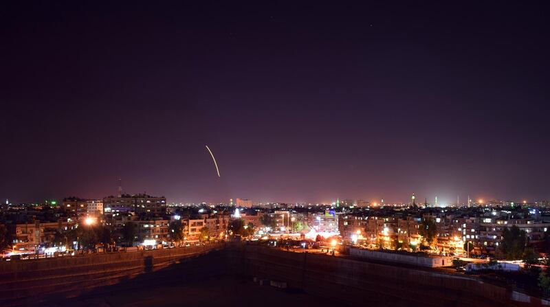 epa07023678 A handout photo made available by the Syria's Arab News Agency (SANA) shows a missile over the Damascus International Airport, in Damascus, Syria, 15 September 2018. According to State News Agency SANA reports, the Syrian Arab Army's air defenses responded to an alleged Israeli missile attack on Damascus International Airport and shot down a number of enemy missiles.  EPA/SANA HANDOUT  HANDOUT EDITORIAL USE ONLY/NO SALES