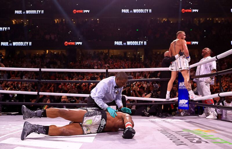 Jake Paul after knocking out Tyron Woddley in the sixth round. AFP