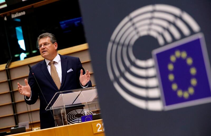 EU Commission Vice President Maros Sefcovic gestures as he addresses a debate about EU financing and economic recovery with EU lawmakers at The European Parliament in Brussels on July 8, 2020.  / AFP / POOL / YVES HERMAN
