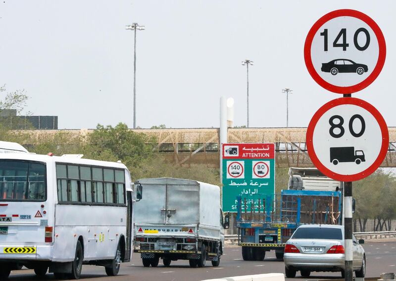 Abu Dhabi, August 13, 2018.  New 140 KPH road signs along the Abu Dabi to Dubai road or E11.
Victor Besa / The National
Section:  NA