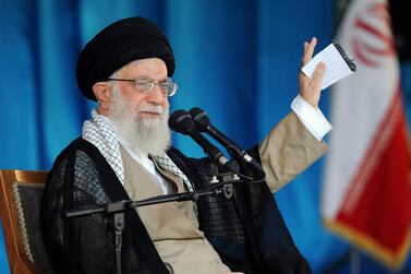 Iranian supreme leader, Supreme Leader Ayatollah Ali Khamenei gestures while speaking during a gathering in Tehran. AP