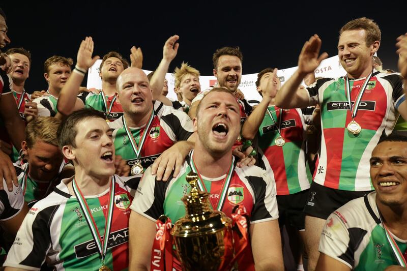 Dubai,UAE, April 7, 2017,  Abu Dhabi Harlequins (red and green) VS. Jebel Ali Dragons (Blue) Premiership final.  The Harlequins win the Ptemiership trophy.
Victor Besa for The National
ID: 38294
Reporter:  Paul Radley
Sports *** Local Caption ***  VB_040717_sp-rugby-25.jpg