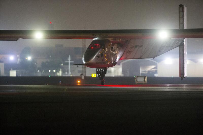 Solar Impulse 2 touches down in Al Bateen Airport in Abu Dhabi. Christopher Pike / The National 