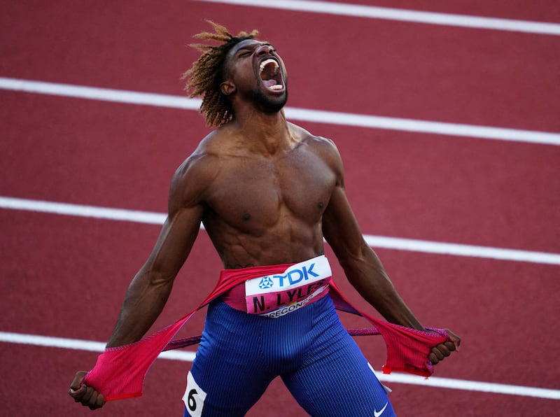 Noah Lyles of the US celebrates after winning the men's 200 metres final at the World Athletics Championships at Hayward Field in Eugene, Oregon, on July 21, 2022. Reuters