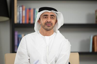 ABU DHABI, UNITED ARAB EMIRATES - April 19, 2021: HH Sheikh Abdullah bin Zayed Al Nahyan, UAE Minister of Foreign Affairs and International Cooperation, attends in an online lecture titled “Spirit of a Nation: Community of Many Faiths”, during the online series of Majlis Mohamed bin Zayed. 

( Hamad Al Kaabi  / Ministry of Presidential Affairs )
---