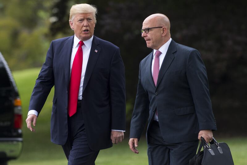 US president Donald Trump and his national security adviser HR McMaster at the White House on June 16, 2017. Mr Trump's Middle East security adviser on the National Security Council was relieved of his post on July 27, 2017 over differences on US policy in Syria and towards Iran. Saul Loeb / AFP