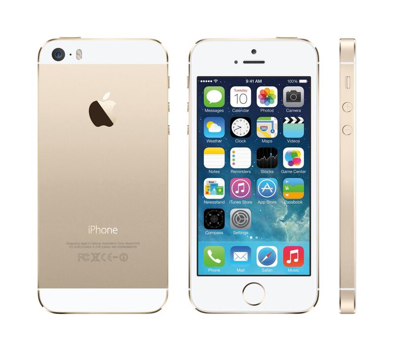 epa03861407 A handout image released 10 September 2013 by Apple showing the new Apple iPhone 5s which is available in gold, silver and gray and features a 64-bit A7 chip, an 8-megapixel, dual flash iSight camera, and a fingerprint scanner for security. The devices were introduced alongside the new Apple iPhone 5c at a media event in Cupertino, California, USA, 10 September 2013.  EPA/APPLE / HANDOUT  HANDOUT EDITORIAL USE ONLY/NO SALES