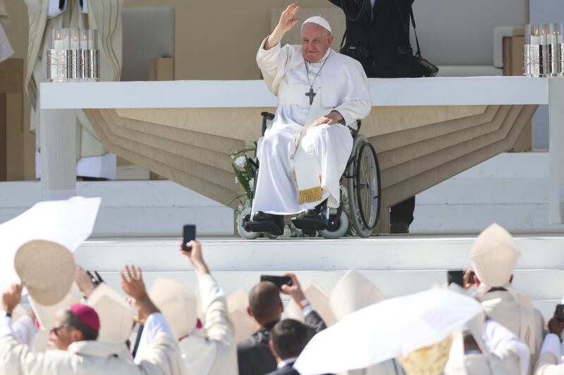 Pope Francis waves after celebrating the closing Mass of World Youth Days in Tejo Park, Lisbon, on August 6. AFP
