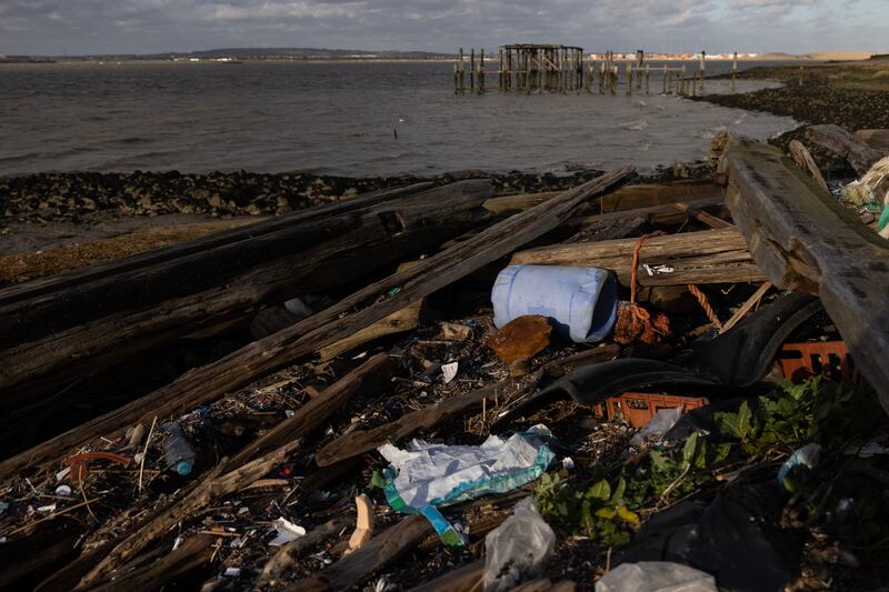 Wood, plastics and other detritus line the shoreline of the Thames estuary. Getty