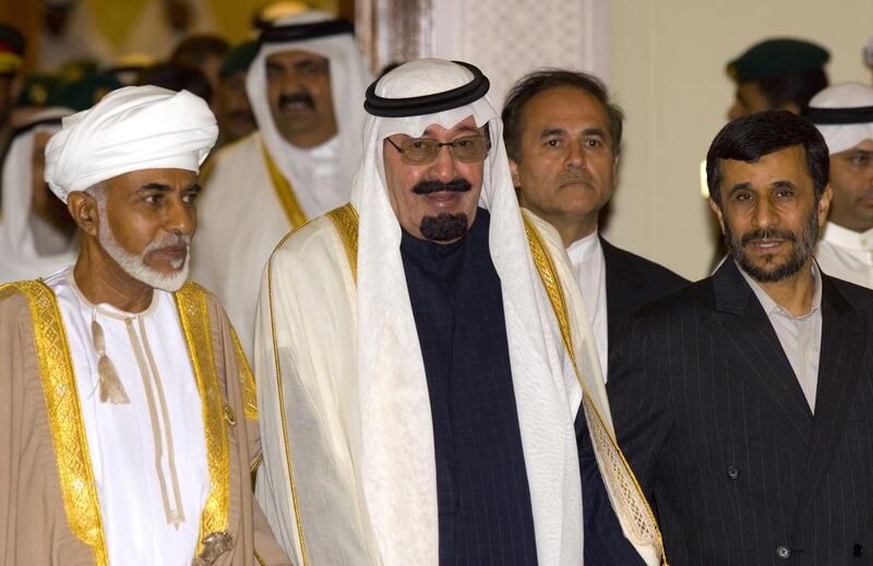Oman’s Sultan Qaboos, left, Saudi Arabia’s King Abdullah bin Abdul Aziz Al Saud, centre, and Mahmoud Ahmadinejad, Iran’s president, right, walk into the opening ceremony of the 28th Gulf Cooperation Council held in Doha, Qatar, on Monday, Dec. 3, 2007. Charles Crowell / Bloomberg