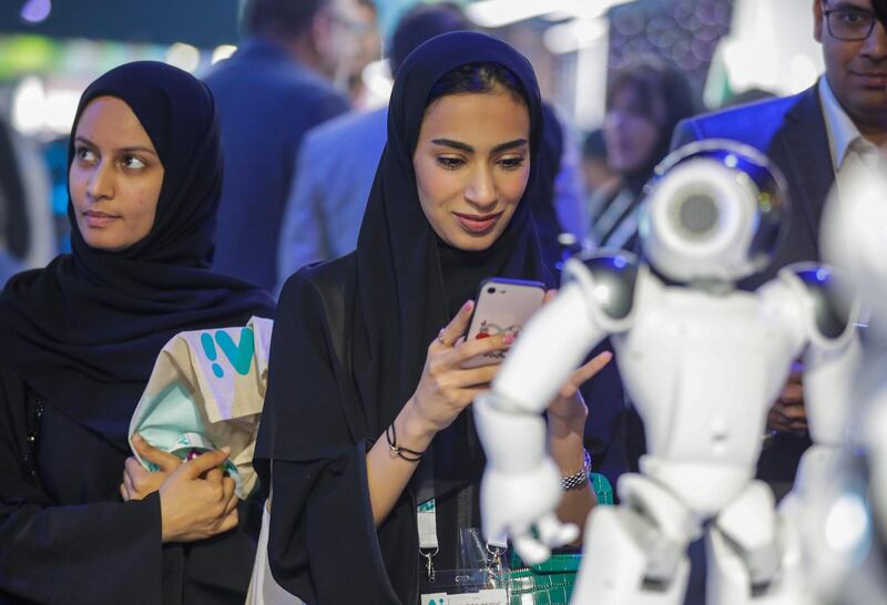 Dubai, April 30, 2019.  Ai Everything show at the Dubai World Trade Centre. --  The Ai robots of the show continuously amazed the visitors.
Victor Besa/The National
Section:  NA
Reporter:  P. Ryan and A. Sharma