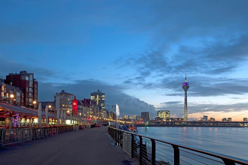 View along the promenade towards the TV tower in Dusseldorf, Dusseldorf, Germany. (Photo by: Loop Images/UIG via Getty Images)