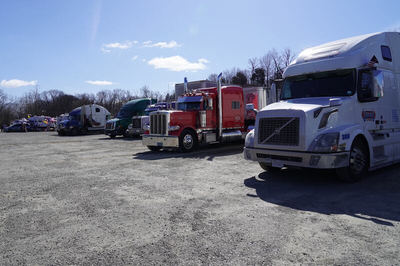 Lorries line the parking lot of the Hagerstown Speedway.