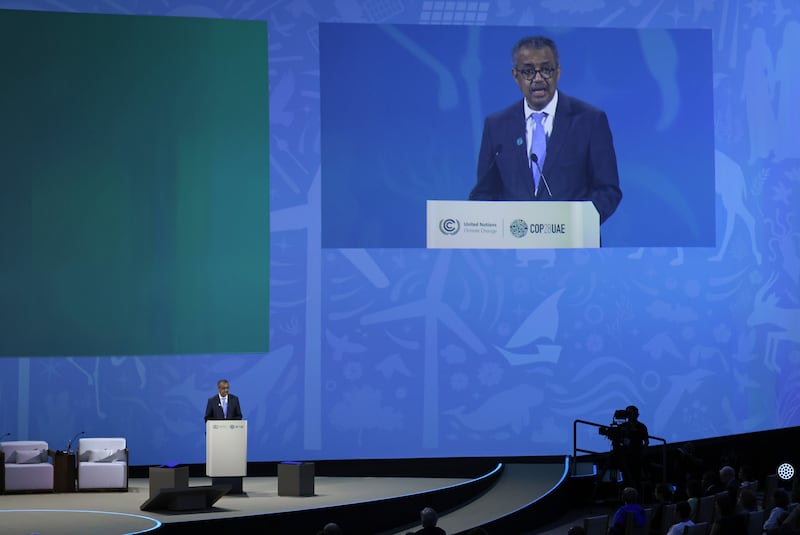 Dr Tedros Ghebreyesus, Director General of the World Health Organisation, speaks at the Health Day opening session. Getty Images